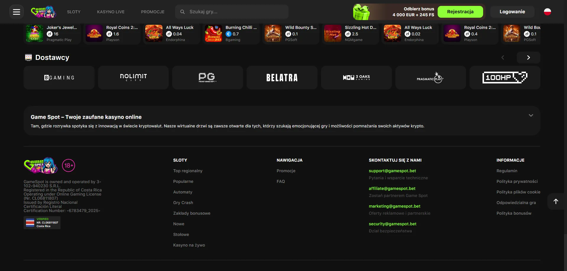 Oficjalna strona internetowa GameSpot Casino PL 2026